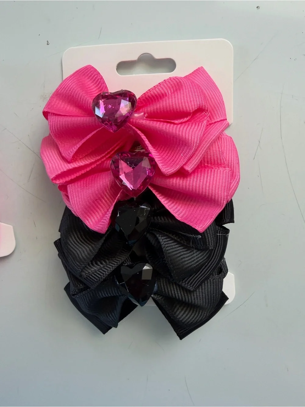Bright Pink & Black Heart Gem Bow Clips - Kids Hair Accessories